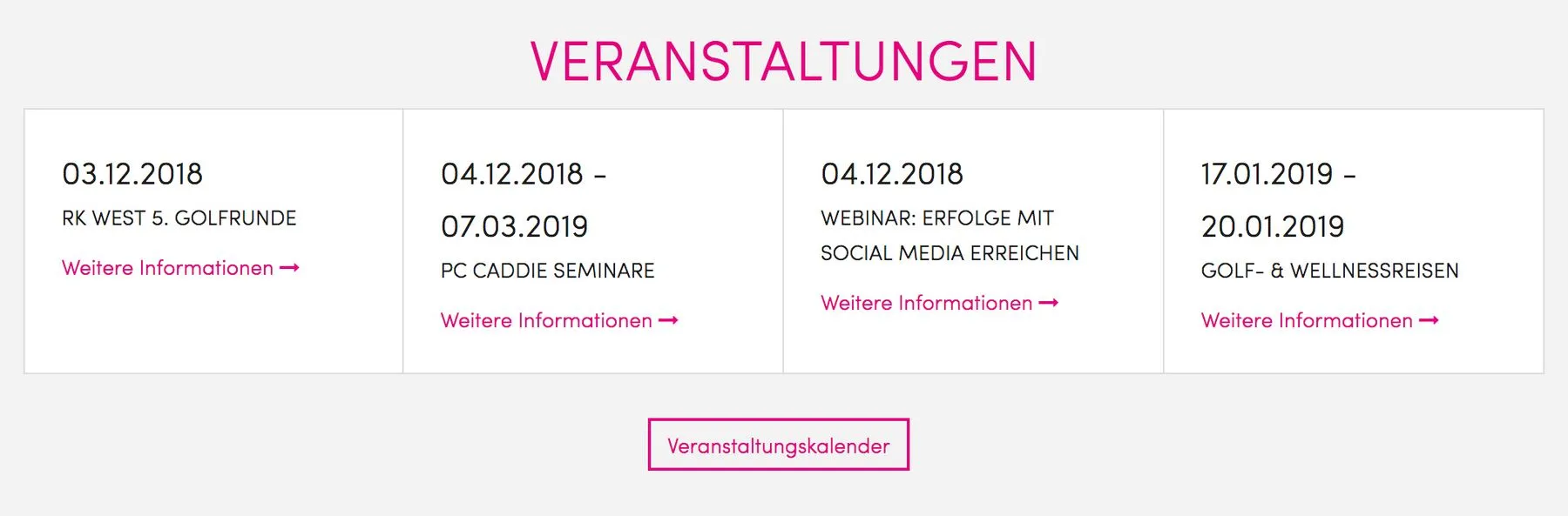 Veranstaltungsslider mit Terminübersicht und Informationen zu Events.