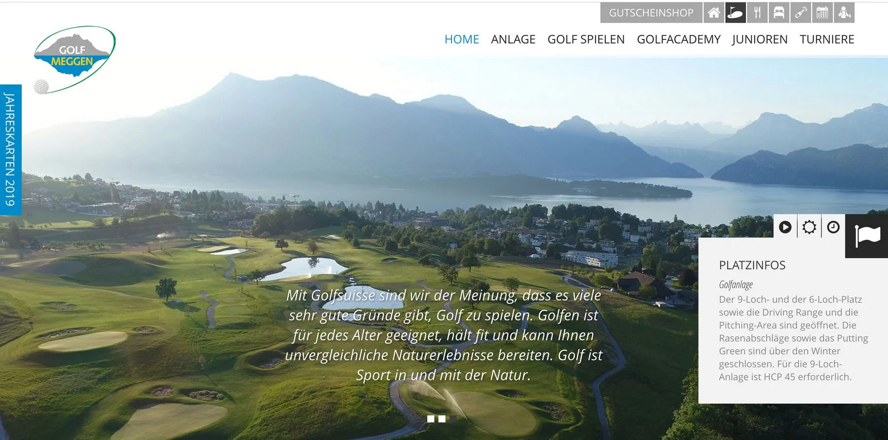 Screenshot der von GKMB entwickelten Website von Golf Meggen mit einem Info-Einklinker und vier Navigations-Tabs.