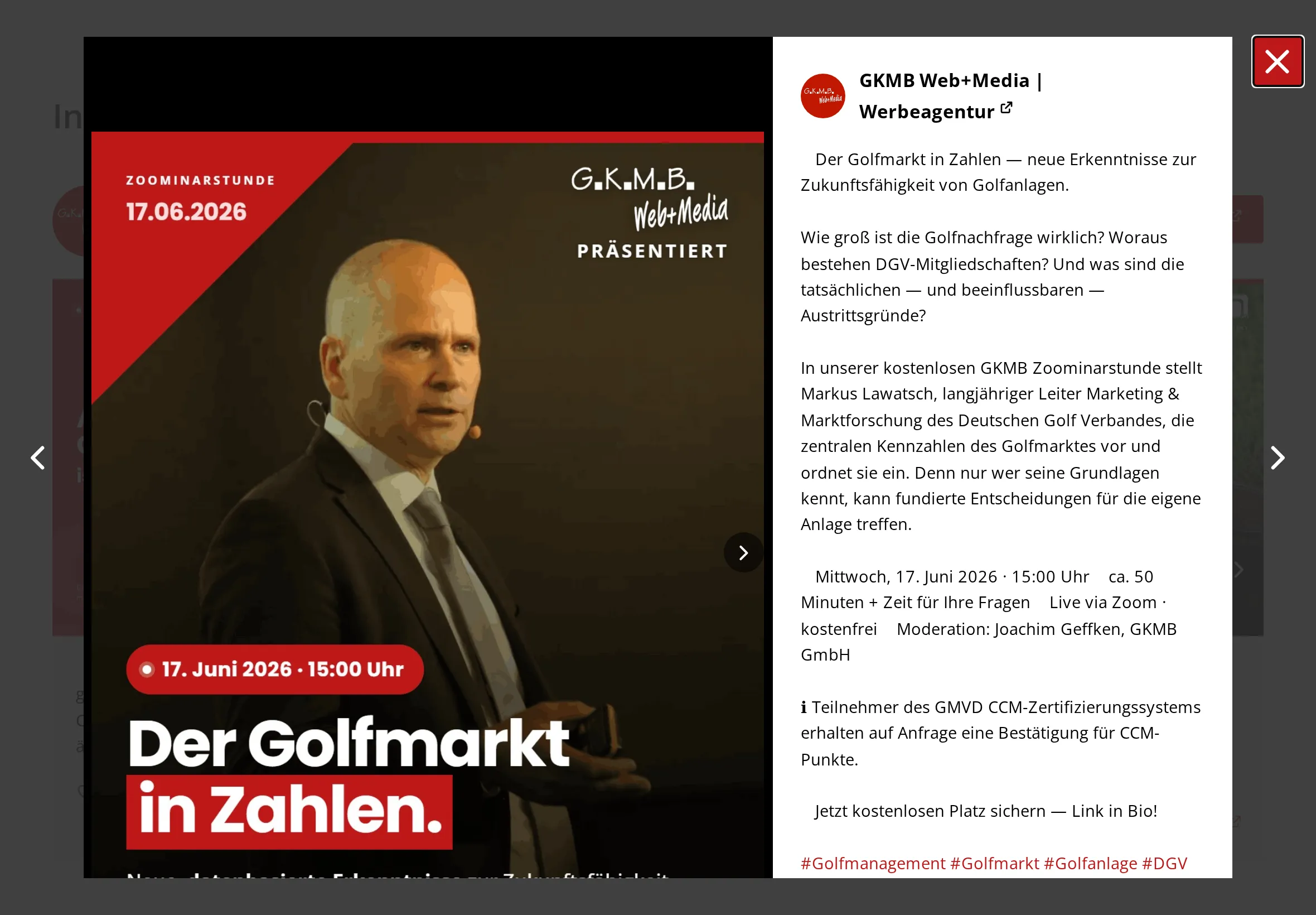 Popup eines Instagram-Beitrags auf der Website mit Bild links und Beitragstext rechts