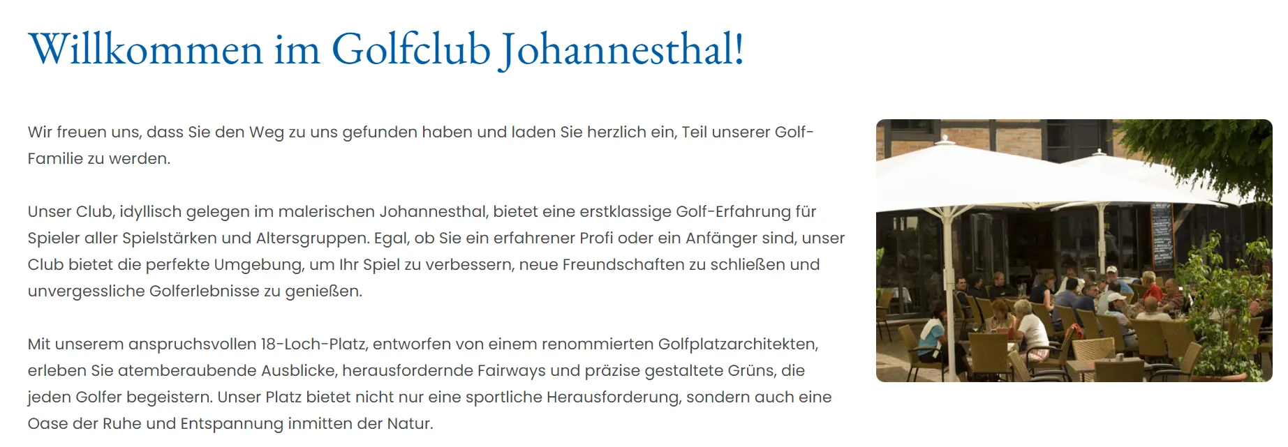 Screenshot einer von GKMB umgesetzten Website des Golfclubs Johannesthal mit Begrüßungstext und einem eingebundenen Bild der Clubterrasse.