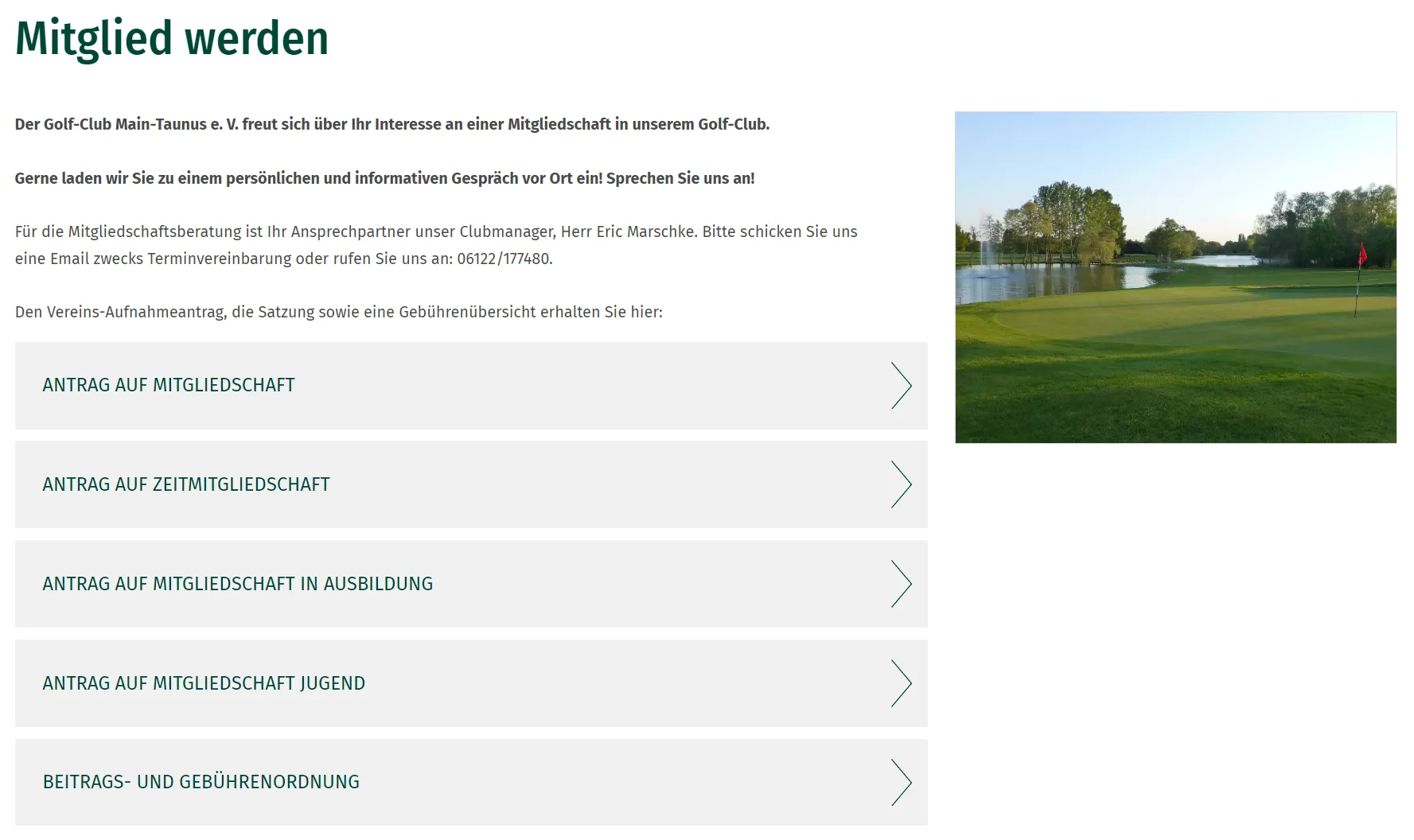 Screenshot einer von GKMB umgesetzten Website des Golf-Club Main-Taunus e. V. mit einer übersichtlichen Liste von Dateilinks zu Anträgen und Dokumenten.