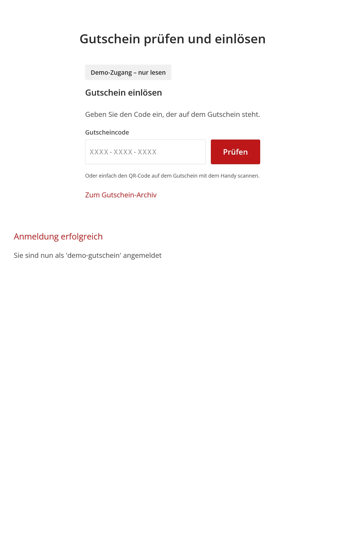 Sekretariatsansicht zum Prüfen und Einlösen eines Gutscheins per Gutscheincode oder QR-Code.
