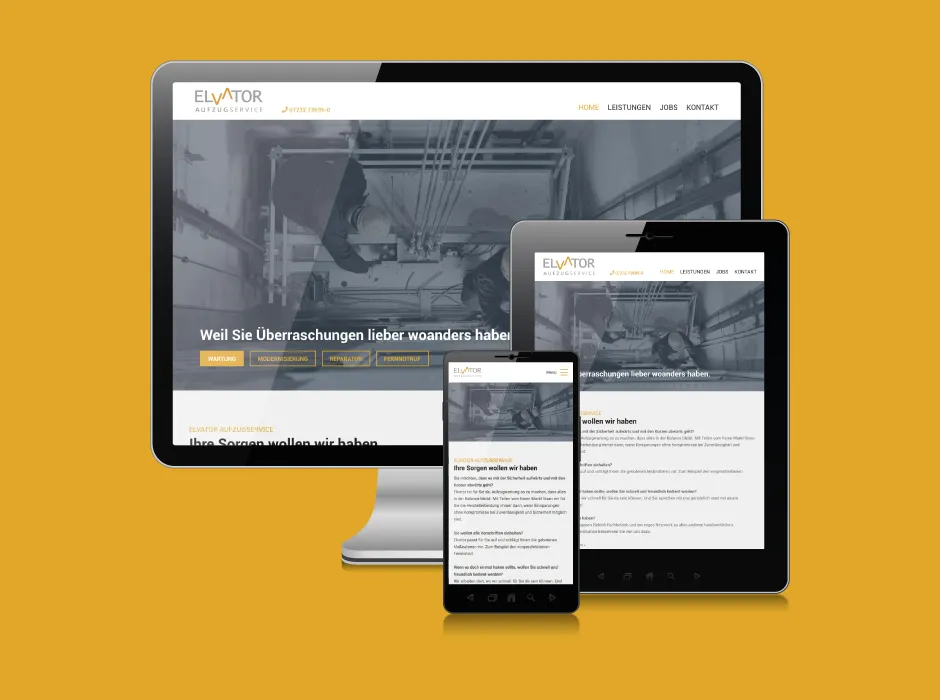 Von GKMB entwickelter Webauftritt des Elvator Aufzugservice mit Informationen zu Wartung, Reparatur und Modernisierung von Aufzügen.