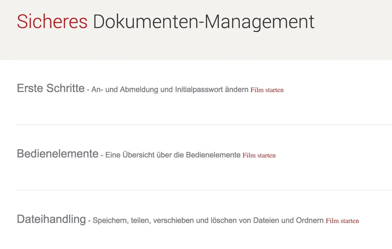 Screenshot einer von GKMB umgesetzten Trainingsmediathek mit Dateilinks zu Schulungsunterlagen und Dokumentationen.