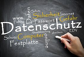 Illustration zum Thema Datenschutz mit einer Hand, die das Wort ‚Datenschutz‘ auf eine Tafel schreibt. Umgeben von Begriffen wie Sicherheit, Passwort, Internet und Verschlüsselung.