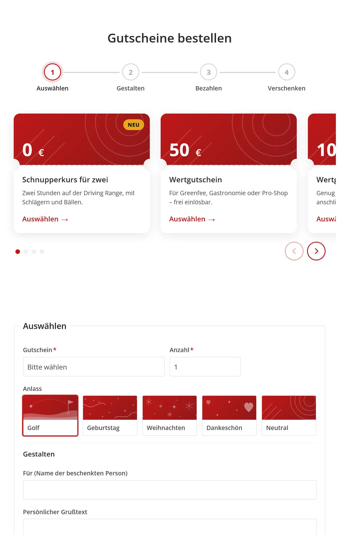 Bestellseite des Gutschein-Shop mit Auswahl verschiedener Gutscheine und Möglichkeiten zur persönlichen Gestaltung.