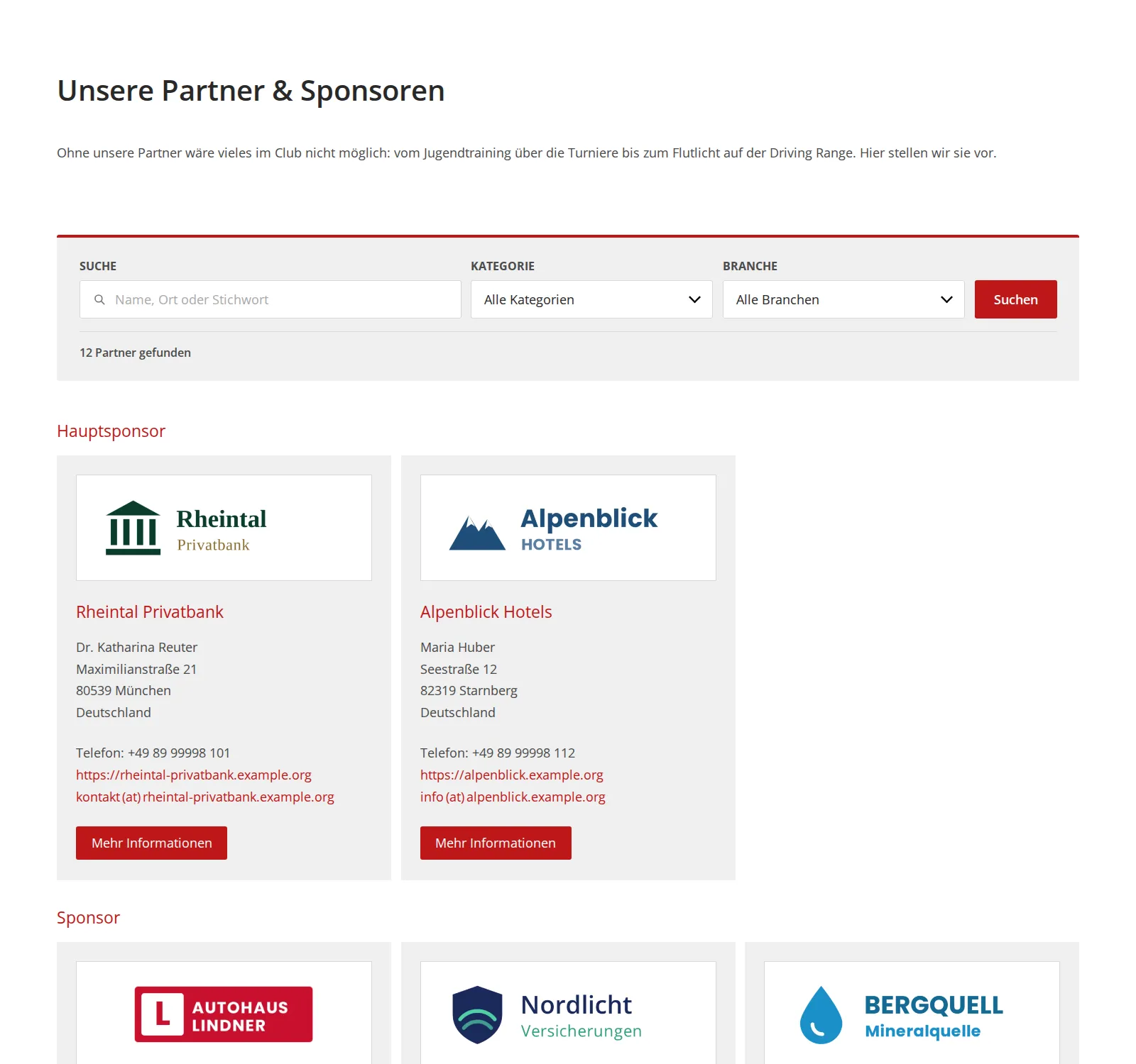 Sponsorenwand eines Golfclubs mit Filterleiste und Partnern, gruppiert nach Hauptsponsor und Sponsor