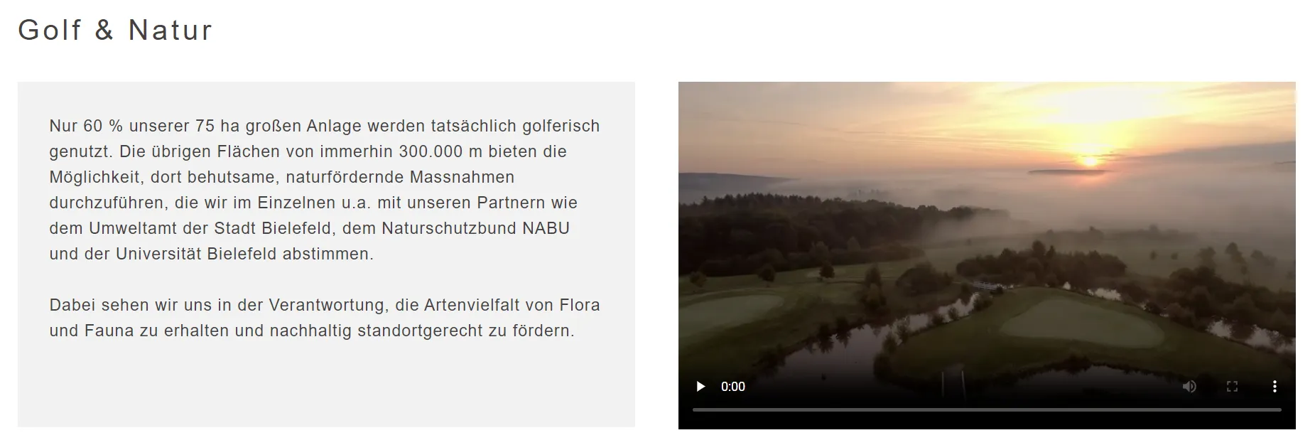 Screenshot einer von GKMB umgesetzten Website des Bielefelder Golfclubs e. V. mit einem Textbereich und einem eingebundenen Landschaftsvideo des Golfplatzes.
