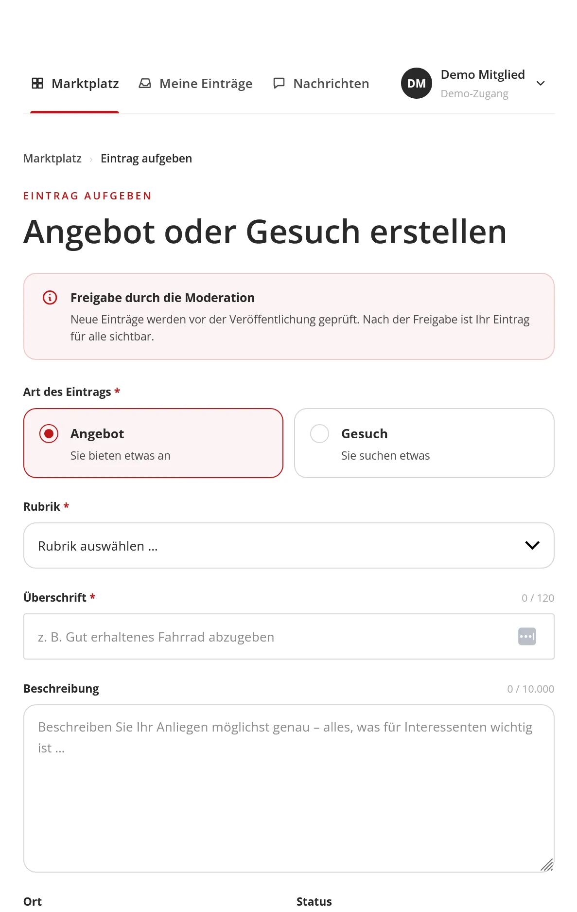 Formular für eingeloggte Mitglieder zum Erstellen eines Angebots oder Gesuchs im Mitglieder-Marktplatz.