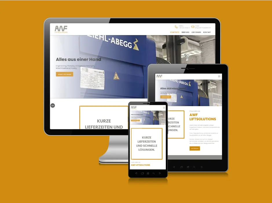 Screenshot der von GKMB entwickelten Website der AWF Liftsolutions GmbH mit modernem Webdesign für Aufzugsmodernisierung und Aufzugstechnik.