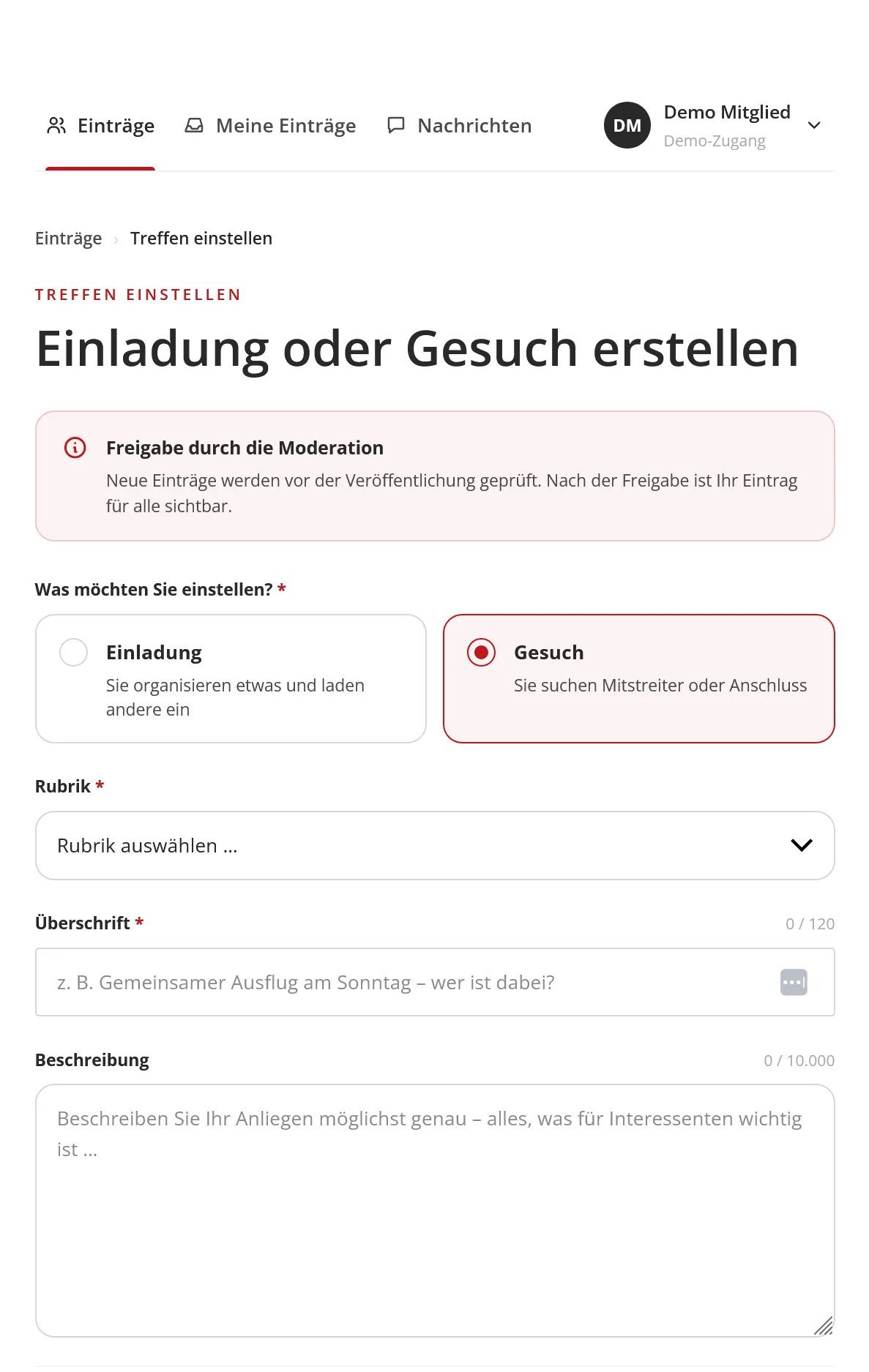 Formular für eingeloggte Mitglieder zum Erstellen eines Gesuchs im MeetingPlace.