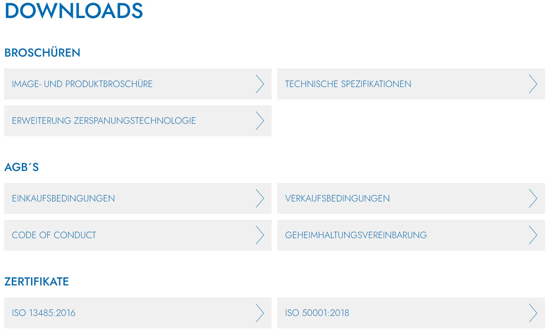 Screenshot einer von GKMB umgesetzten Website von Euroflex mit übersichtlich strukturierten Dateilinks zu Broschüren, Zertifikaten und weiteren Dokumenten.“