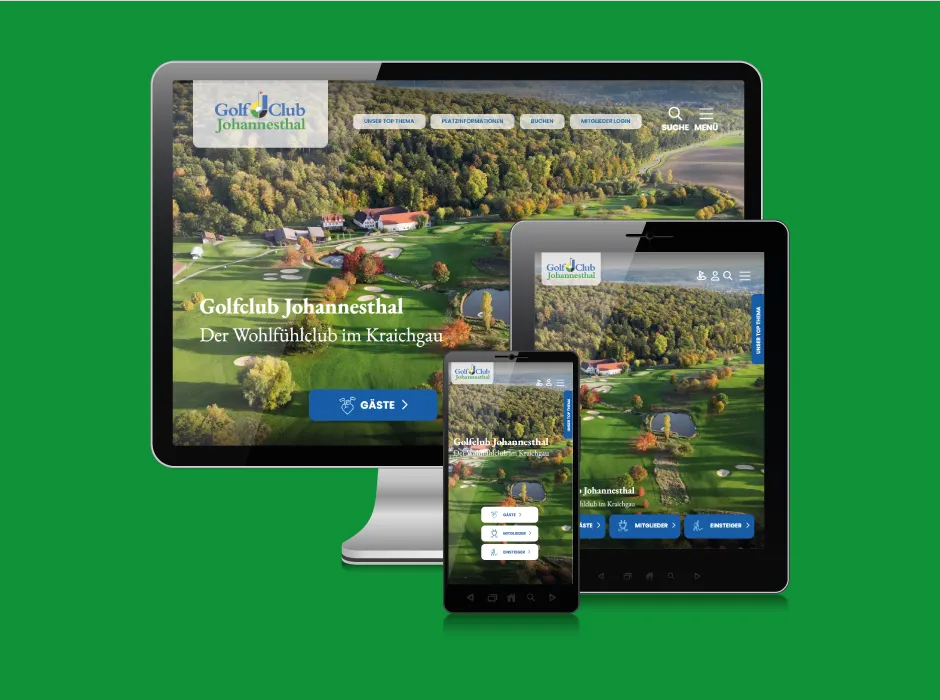 Startseite der von GKMB gestalteten Website des Golfclubs Johannesthal mit großformatiger Bildwelt.