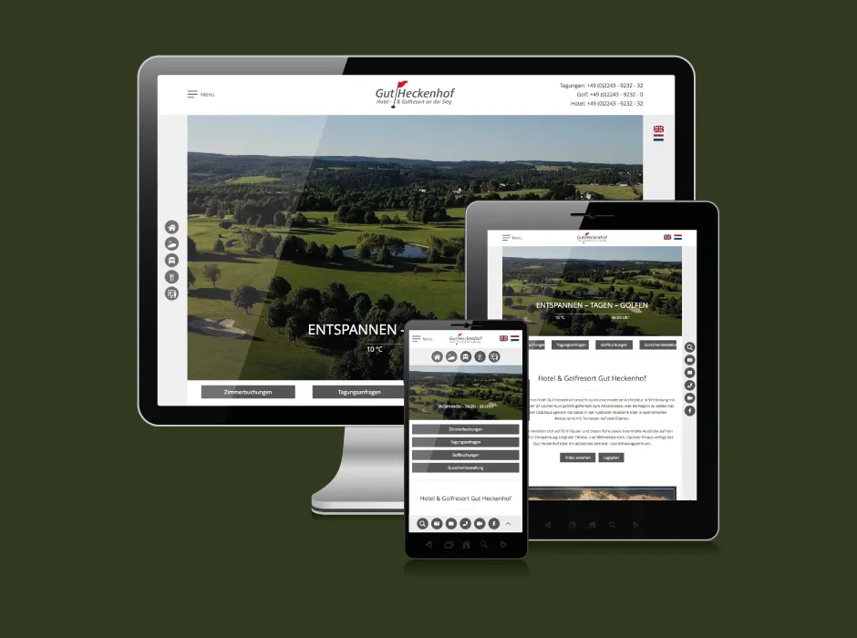 Moderne Website des Heckenhofs mit den Bereichen Golf, Hotel und Gastronomie, entwickelt von GKMB.