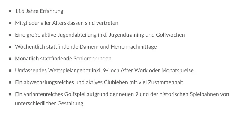 Screenshot einer von GKMB umgesetzten Website des GC Kitzeberg mit einer übersichtlich gestalteten Aufzählung und quadratischen Listenpunkten.