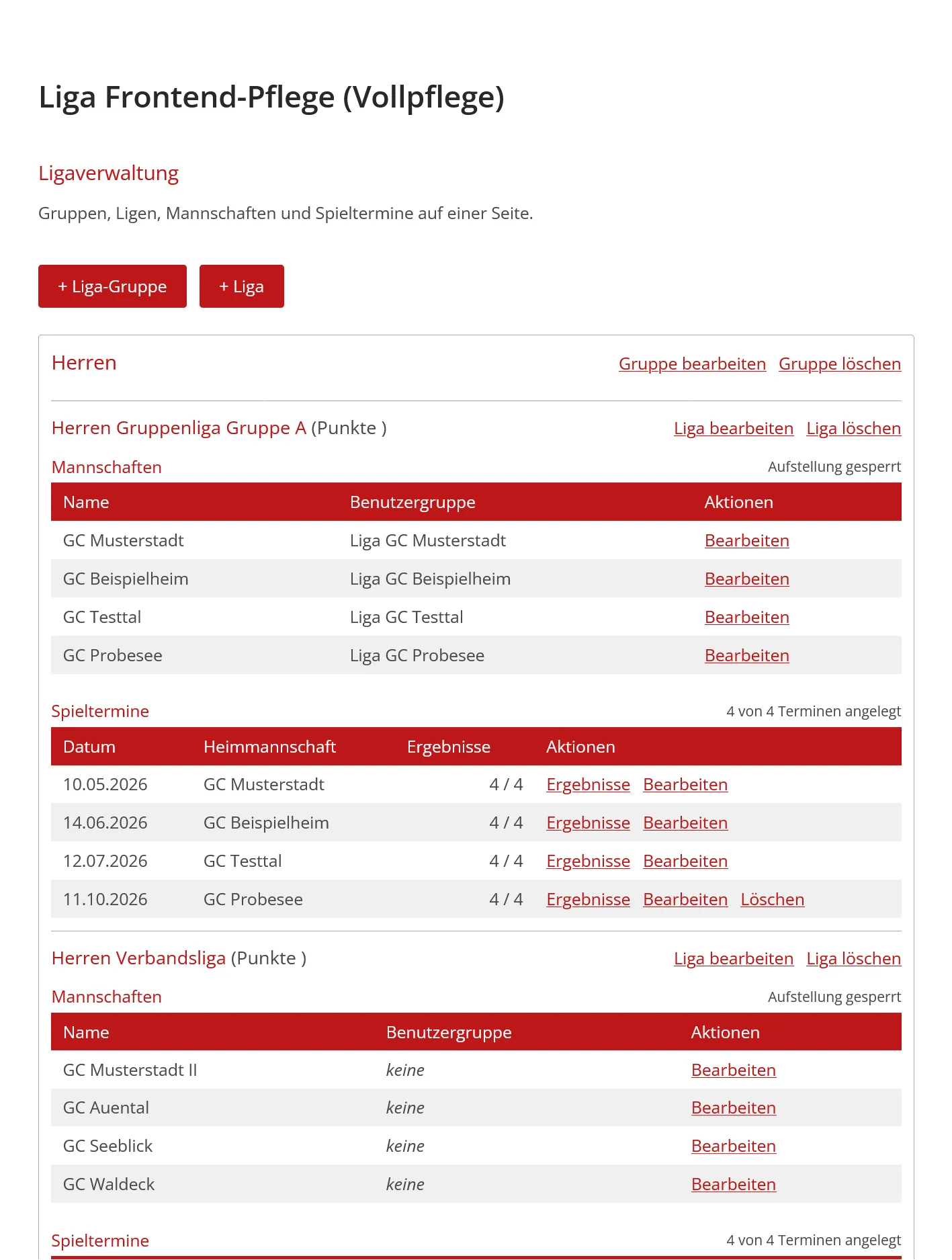 Frontend-Ansicht zur Pflege von Ligagruppen, Ligen, Mannschaften, Spielterminen und Ergebnissen durch einen Golfverband oder Golfclub.