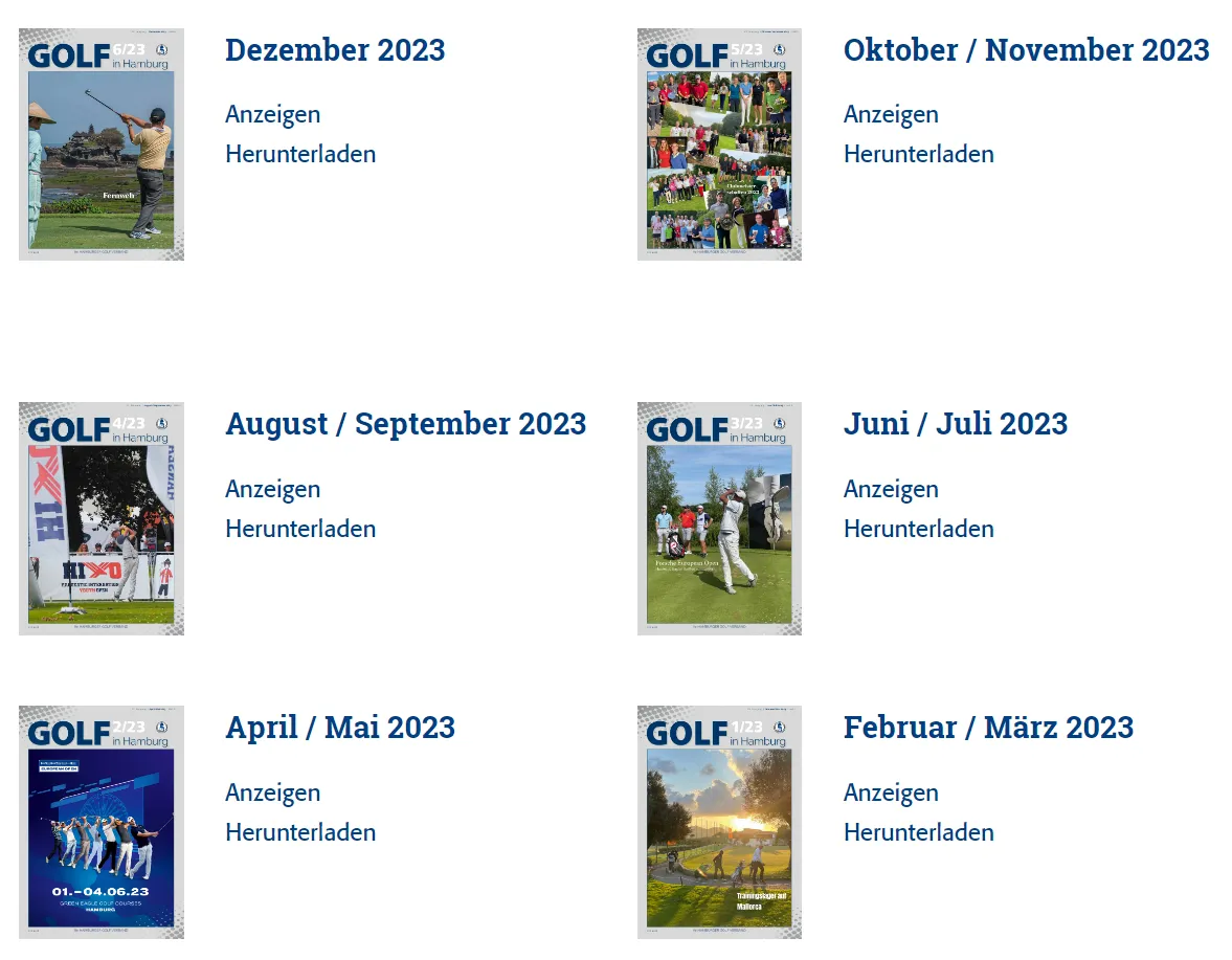 Screenshot einer von GKMB umgesetzten Website des Hamburger Golfverbands mit Dateilinks zu Ausgaben des Verbandsmagazins als PDF-Download