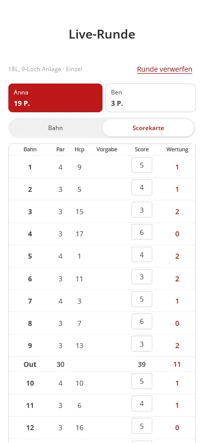 Scorekarten-Ansicht der Live-Runde mit allen Bahnen, Par, Hcp, Vorgabe, Score und Wertung sowie den Summen für Out, In und Gesamt.