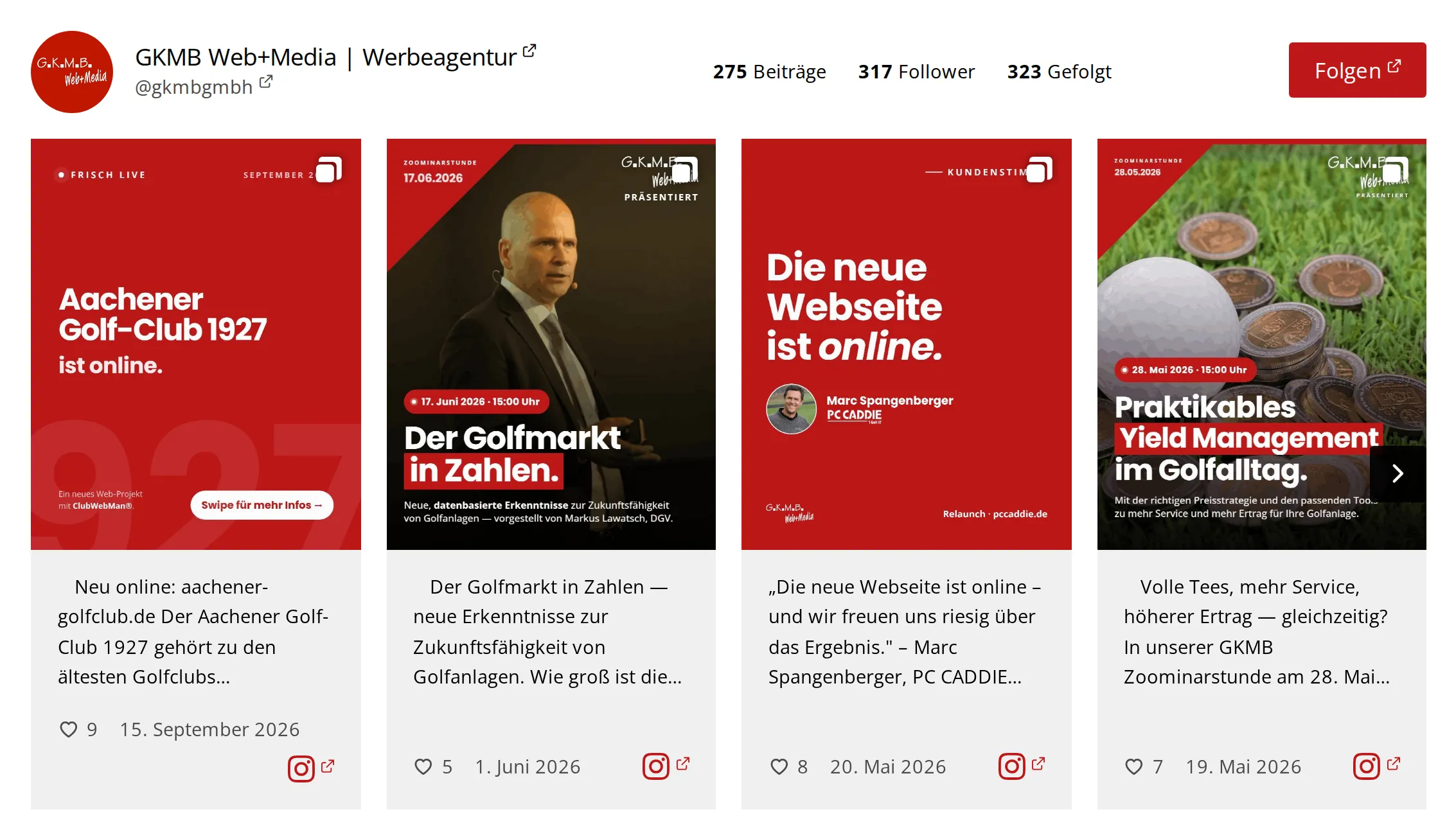 Instagram-Feed auf einer Website: Kopfbereich mit Profilbild, Kennzahlen und Folgen-Button, darunter vier Beiträge als Slider