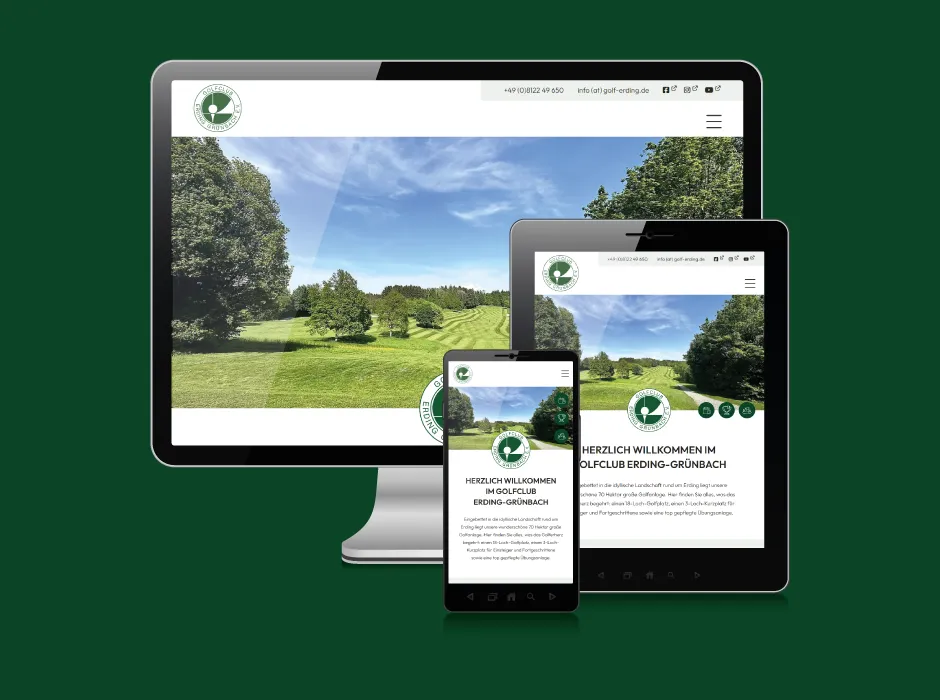Startseite der von GKMB umgesetzten Website des Golfclubs Erding-Grünbach mit übersichtlicher Navigation.