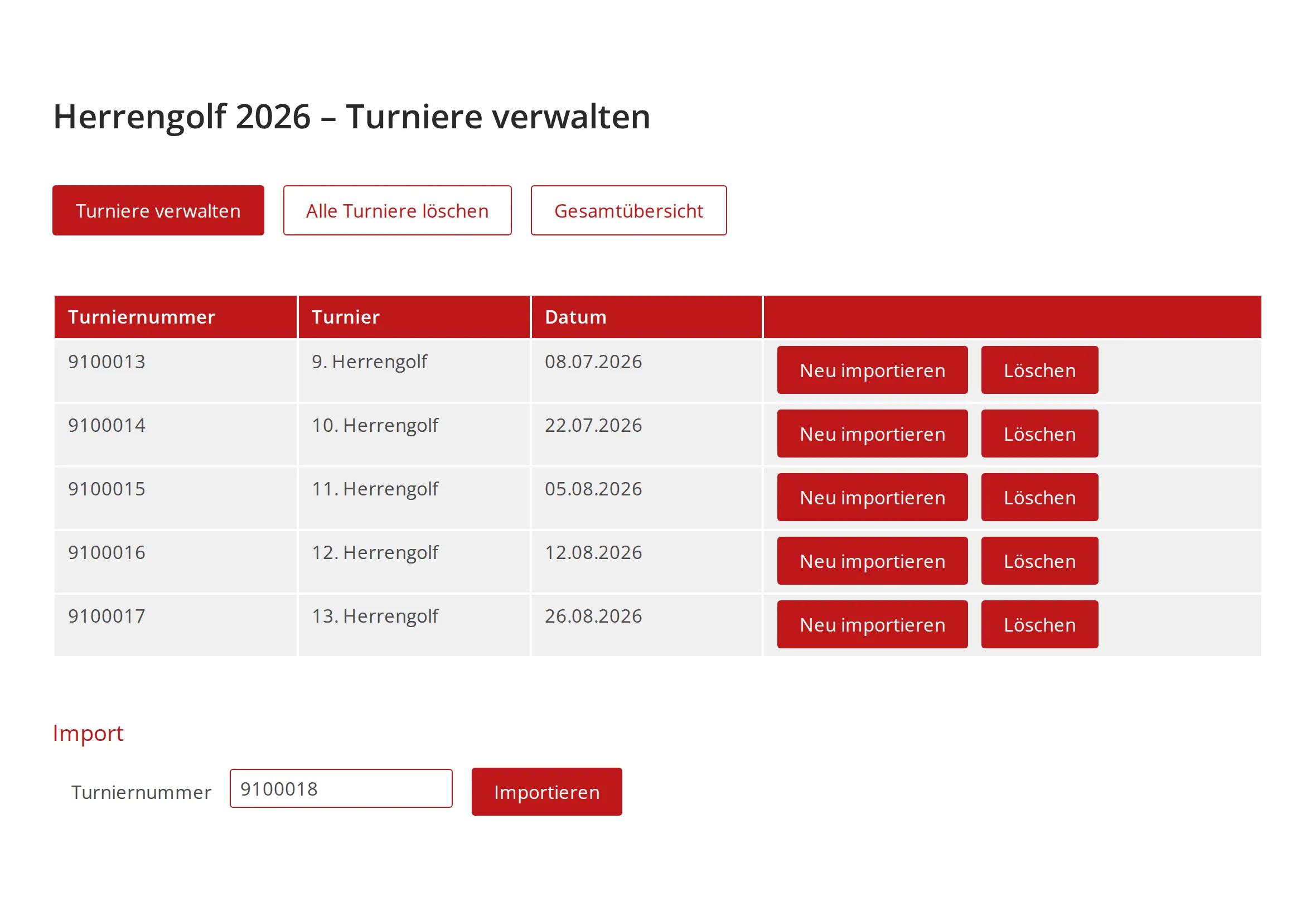 Turnierverwaltung auf der Website mit der Liste der importierten Turniere und den Schaltflächen Neu importieren und Löschen