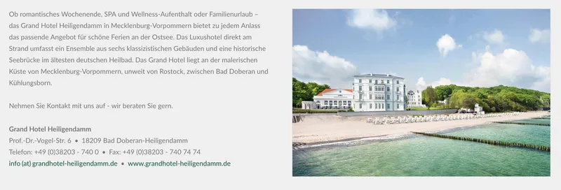 Screenshot einer von GKMB umgesetzten Website des Golf- und Hotelresorts Wittenbeck mit einem Textbereich und einem großformatigen Bild des Hotels direkt am Strand.“