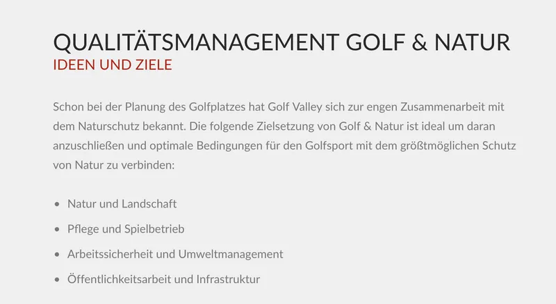 Screenshot einer von GKMB umgesetzten Website von Golf Valley mit einer klassischen Aufzählung zur Vorstellung von Qualitätsmanagement, Zielen und Leistungen.