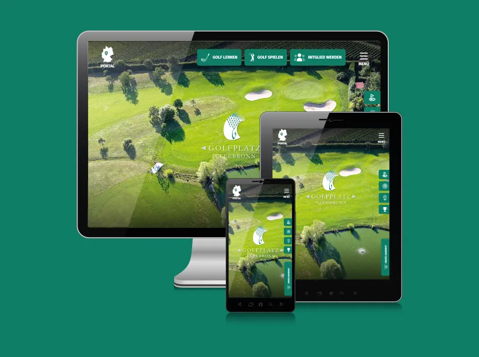 Screenshot der von GKMB umgesetzten Website des Golfplatzes Cleebronn mit Startseite und modernem Webdesign.