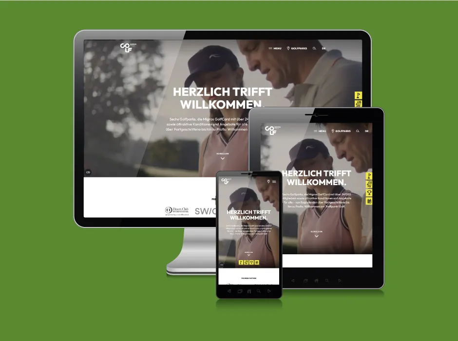 Startseite der von GKMB realisierten Website von Migros Golf mit modernem Erscheinungsbild.