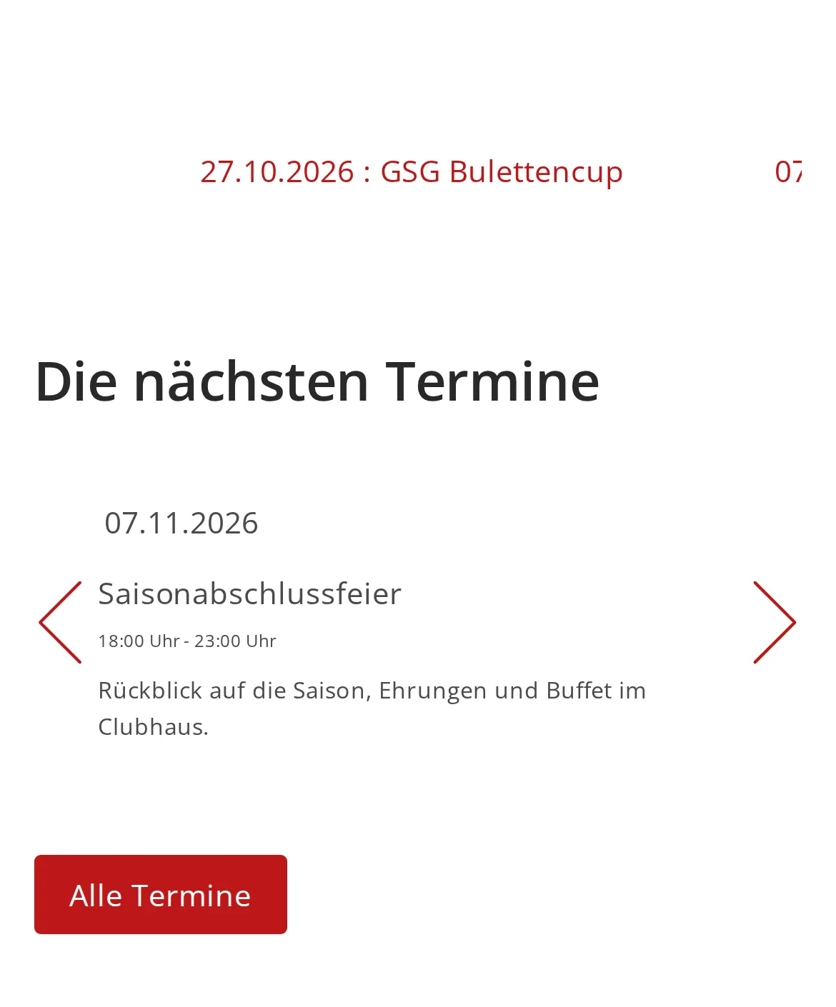 Termin-Slider auf der Startseite einer Club-Website mit Laufband und der Saisonabschlussfeier