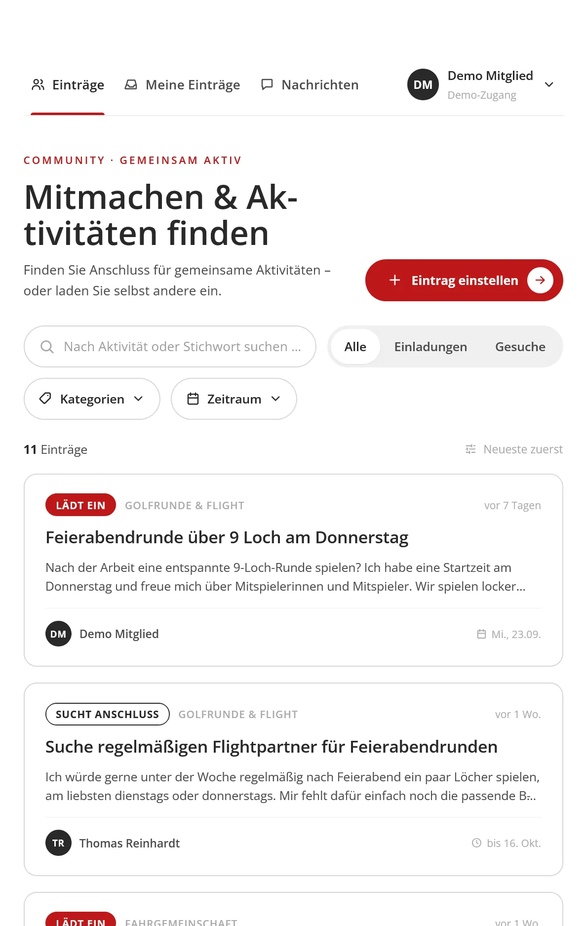 MeetingPlace mit Einladungen und Gesuchen für gemeinsame Golfrunden und weitere Freizeitaktivitäten.