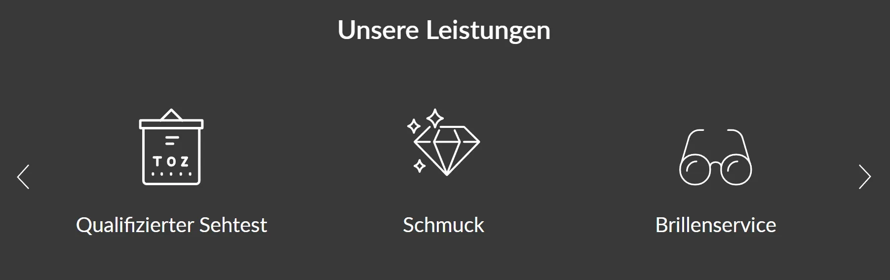 Service-Slider mit Icons für verschiedene Dienstleistungen und Angebote.