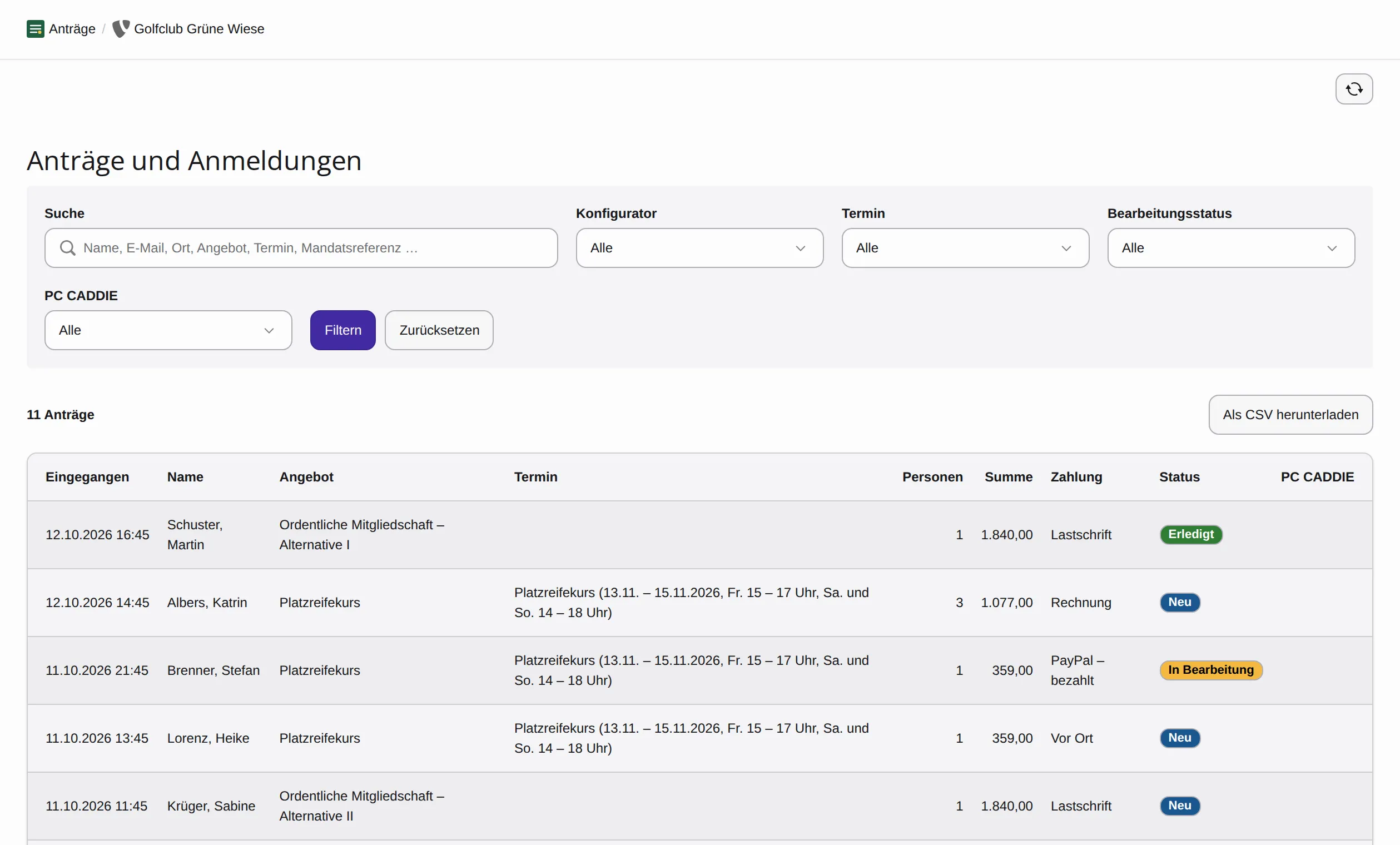 Übersicht der Anträge und Anmeldungen im Backend mit Filtern, Summe, Zahlungsart und Bearbeitungsstatus