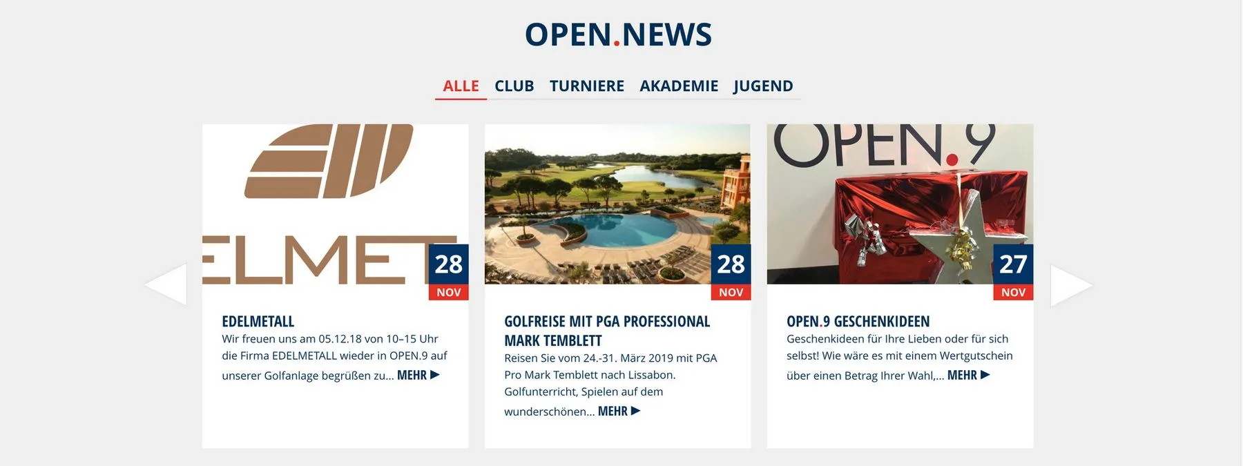 News-Slider mit großem Titelbild und Teaser für aktuelle Meldungen einer Golfanlage.