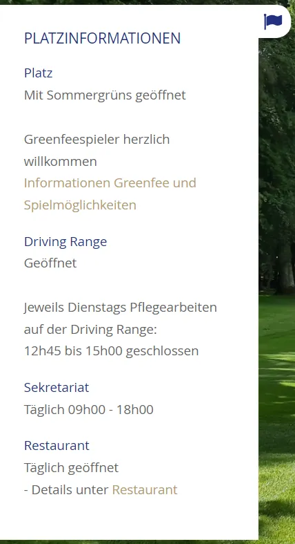 Detailansicht des von GKMB gestalteten Info-Einklinkers auf der Website des Golf & Country Club Basel.