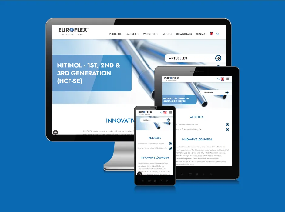 Screenshot der von GKMB modernisierten Website von EUROFLEX für hochwertige Komponenten der Medizintechnik.
