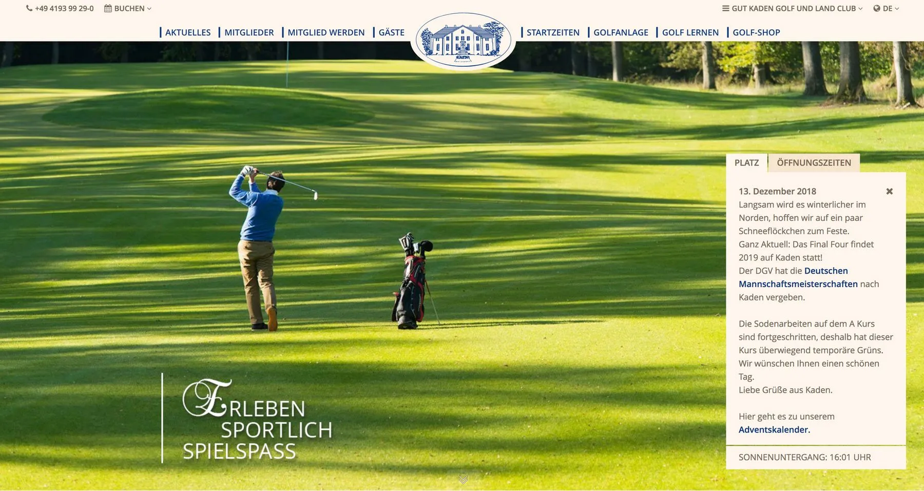 Screenshot der von GKMB entwickelten Website von Gut Kaden mit einem Info-Einklinker und zwei Navigations-Tabs.