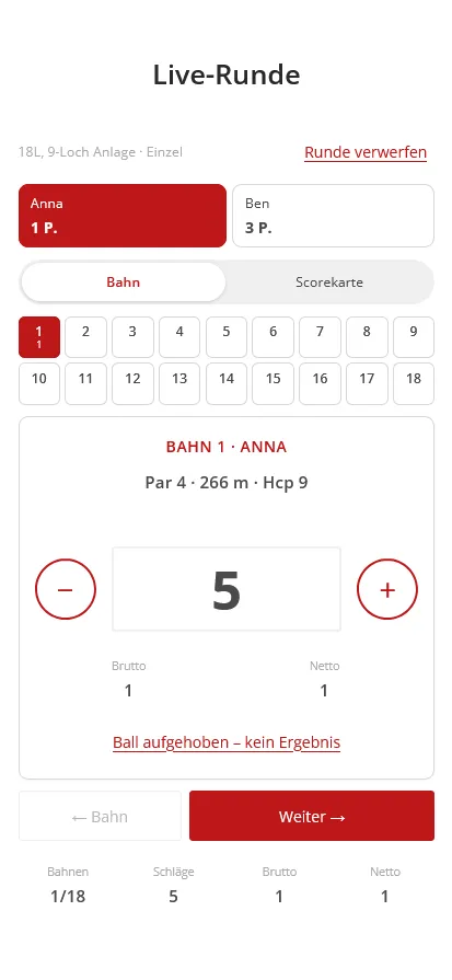 Bahnansicht der Live-Runde mit Bahnnummer, Par, Länge und Hcp-Index, den Eingabefeldern für die Schlagzahl je Spieler und der laufenden Wertung.