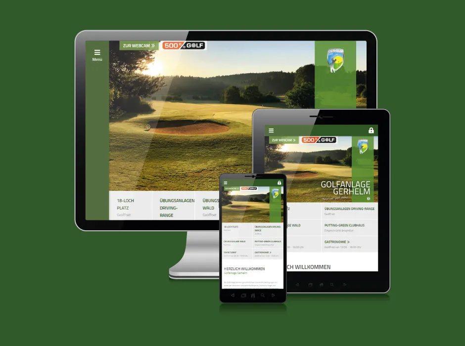 Screenshot der von GKMB umgesetzten Website der Golfanlage Gerhelm mit modernen Online-Services.
