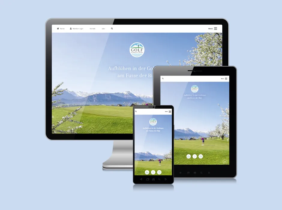 Screenshot der von GKMB entwickelten Website von Golf Küssnacht am Rigi mit großem Landschaftsbild.