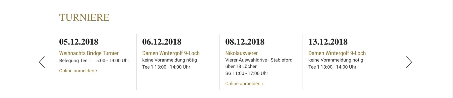 Event-Slider mit mehreren bevorstehenden Veranstaltungen eines Golfclubs.