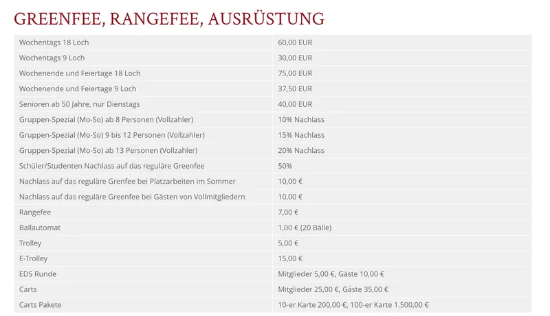 Screenshot einer von GKMB umgesetzten Website des GC Höslwang mit einer zweispaltigen Tabelle zu Greenfees, Preisen und Ausstattungsleistungen.