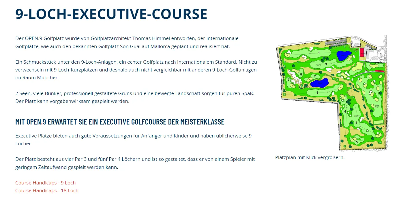 Screenshot einer von GKMB umgesetzten Website des OPEN.9 Golfplatzes mit Textinhalt, einer grafischen Platzübersicht und einer Bildunterschrift.