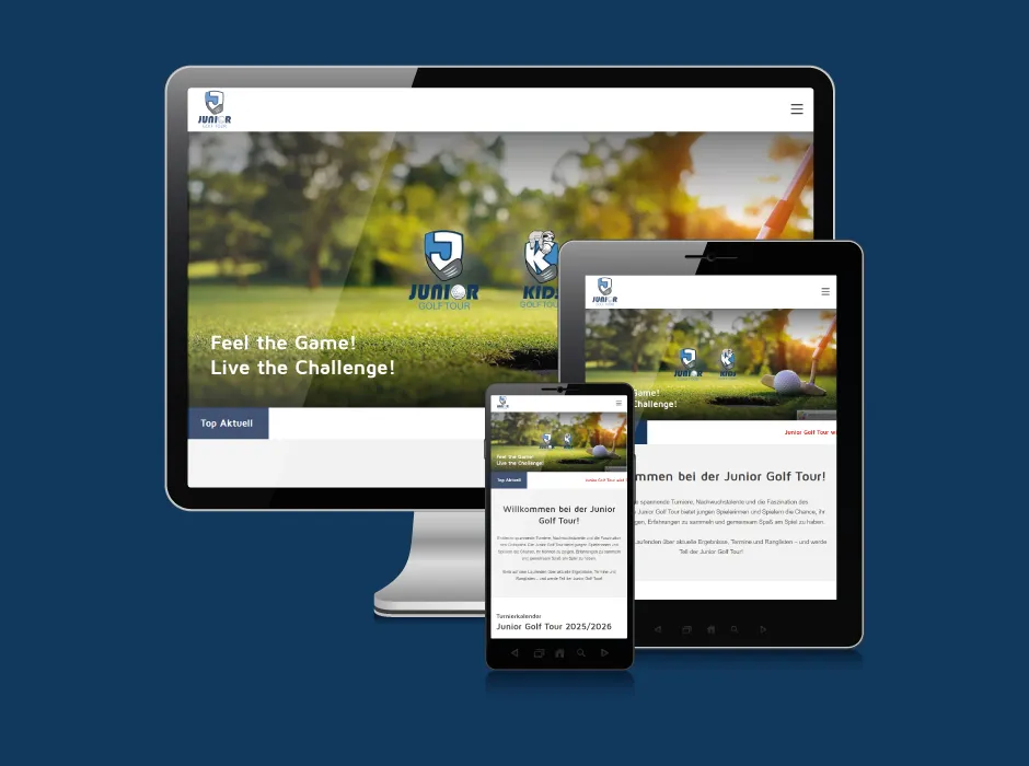 Screenshot der von GKMB gestalteten Website der Junior Golf Tour mit modernem Turnierdesign.