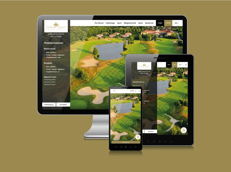 Screenshot der von GKMB entwickelten Website des Golf Resort Adendorf mit Fokus auf Golf, Hotel und Gastronomie.
