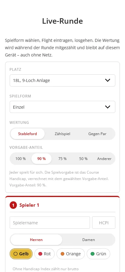Einrichtung der Live-Runde auf dem Handy mit den Feldern Platz, Spielform, Wertung, Bahnen und Vorgabe-Anteil sowie dem Flight mit Name, Handicap Index und Abschlag.