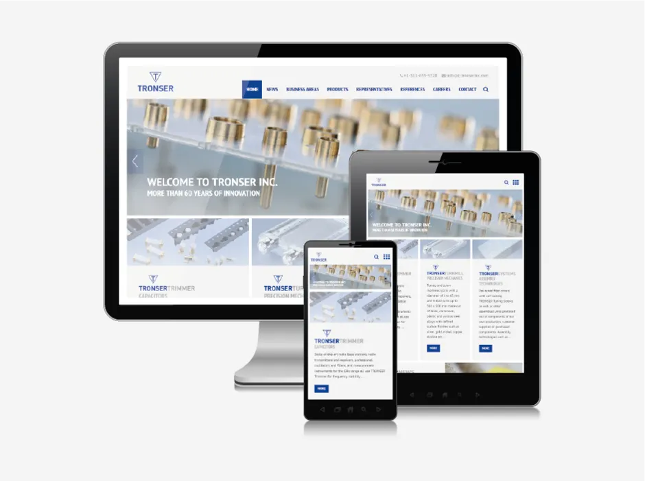 Screenshot der von GKMB realisierten internationalen Website von TRONSER, Inc. mit Produktübersicht für Trimmer-Kondensatoren und Elektroniklösungen.