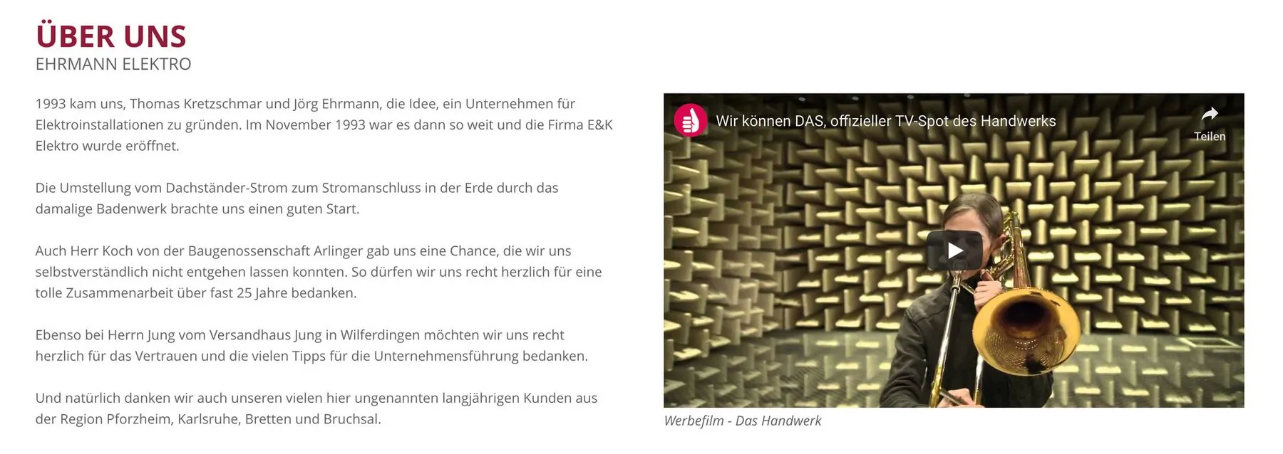 Screenshot einer von GKMB umgesetzten Website von Elektro Ehrmann mit Textinhalt und einem eingebetteten Videoplayer zur Unternehmenspräsentation