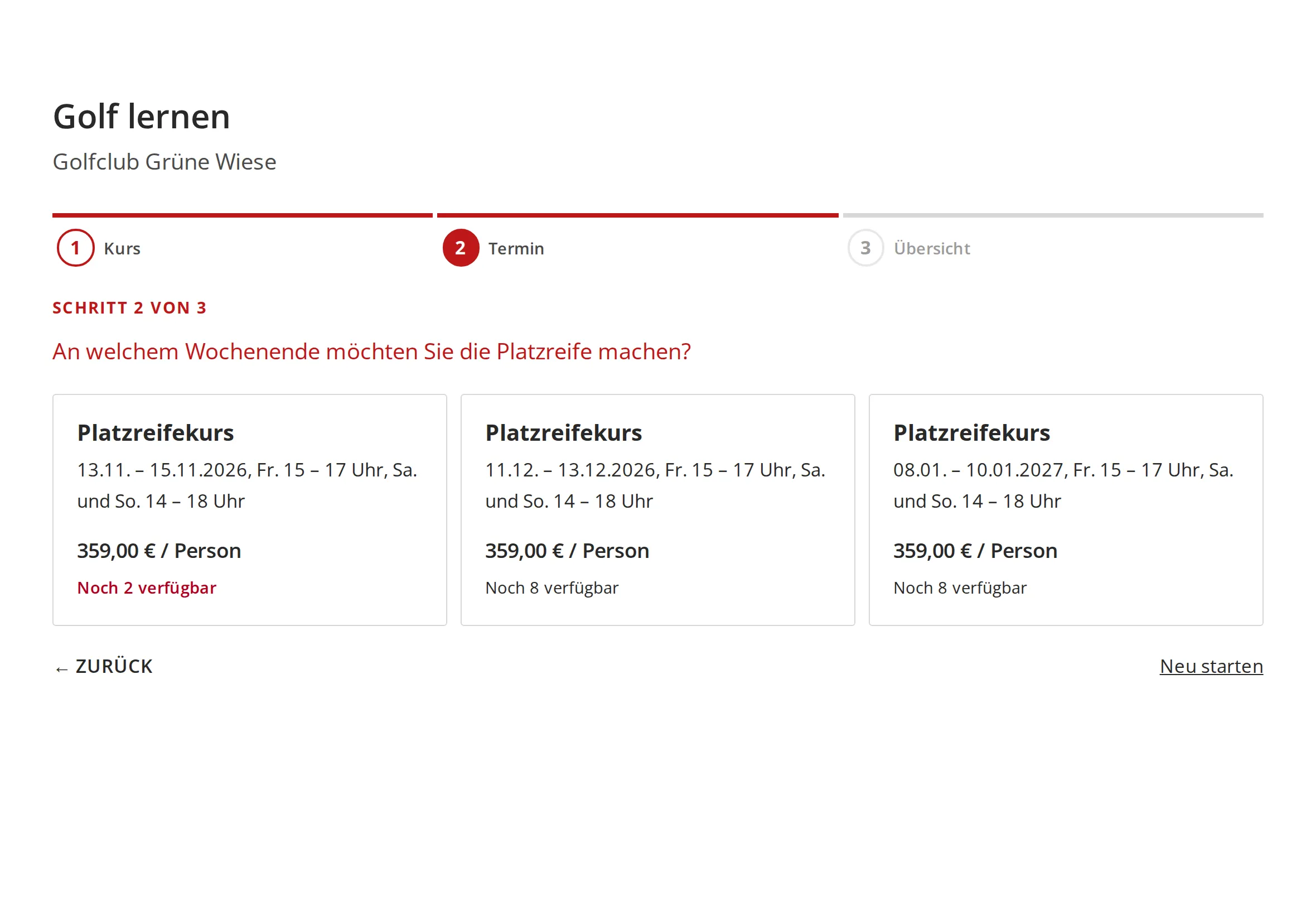 Schritt Termin des Angebots-Konfigurators mit drei Kursterminen, Preis pro Person und freien Plätzen