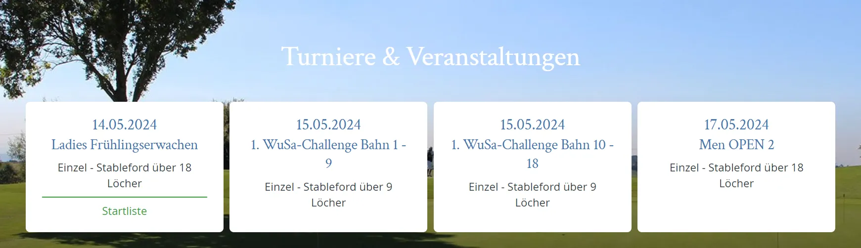 Event-Slider mit bevorstehenden Veranstaltungen und Terminen eines Golfclubs.
